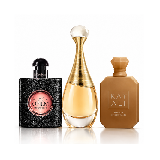 Set de 3 parfumuri | Black Opium YSL Eau de Parfum – 90 ml | J'adore Dior Eau de Parfum – 100 ml | Freedom Musk Santal | 34 Kayali Eau de Parfum – 100 ml